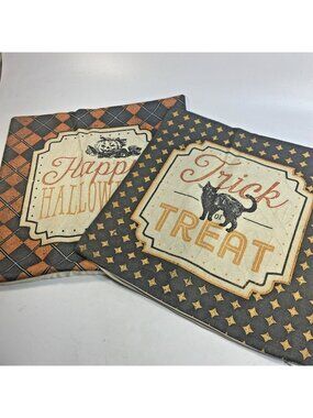 2 Halloween Sofa Throw Pillow Covers Linen Pumpkin Black Cat Orange Tan Diamond